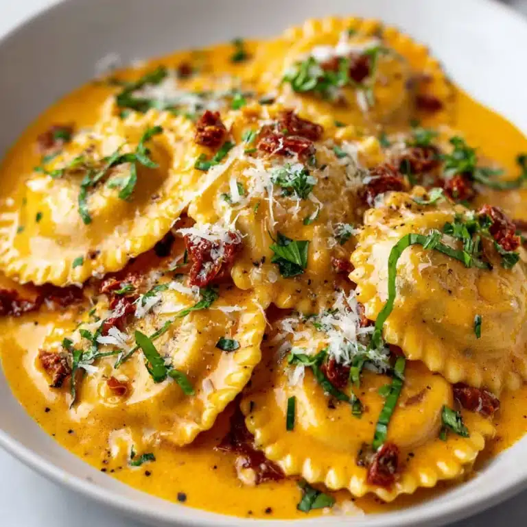 Creamy pumpkin ravioli pasta with sun-dried tomatoes and Parmesan.