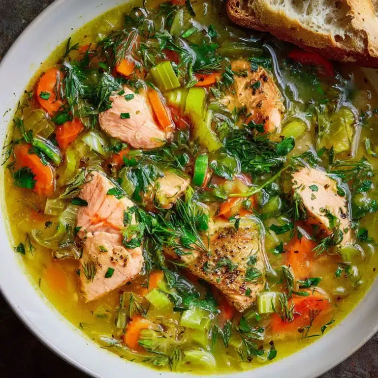 Homemade salmon soup with vegetable, lemon and fresh herbs