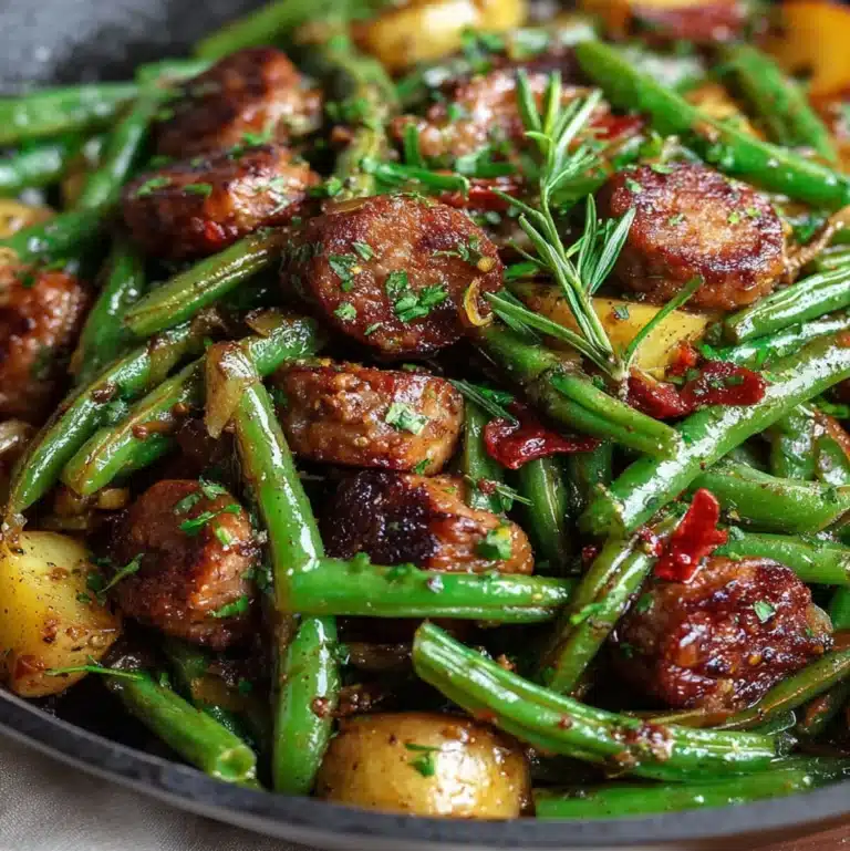 Hearty sausage potato green bean skillet with smoked sausage, baby potatoes, and green beans