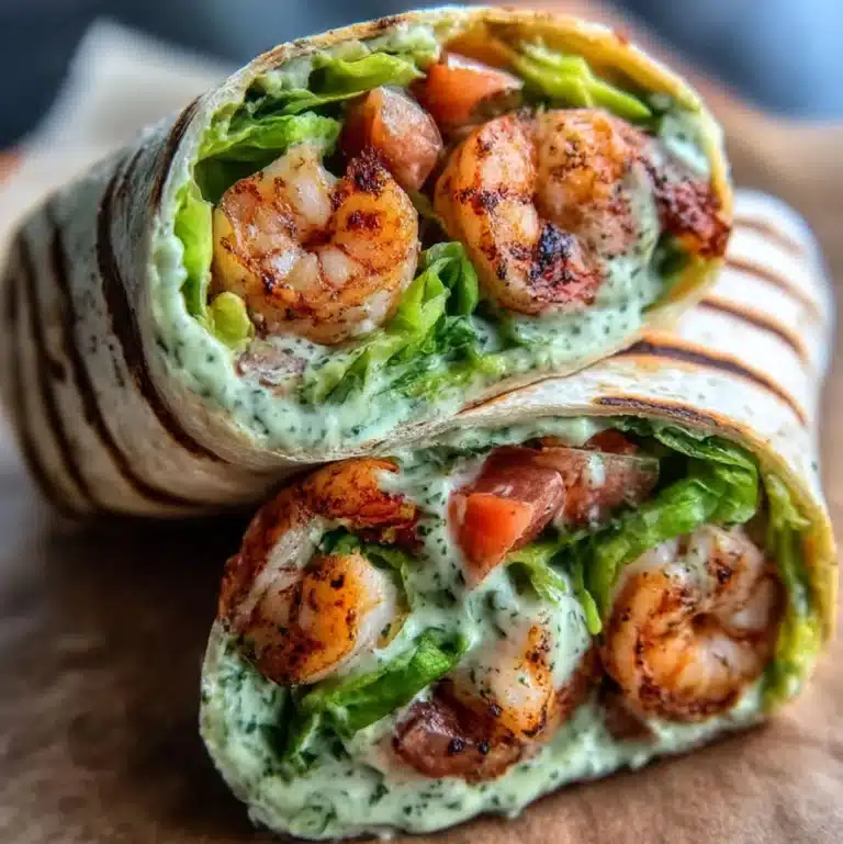 Grilled shrimp wrap with creamy Caesar dressing and fresh vegetables