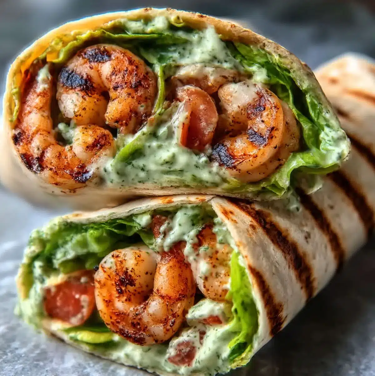 Close-up of shrimp Caesar salad wrap with lettuce and tomato