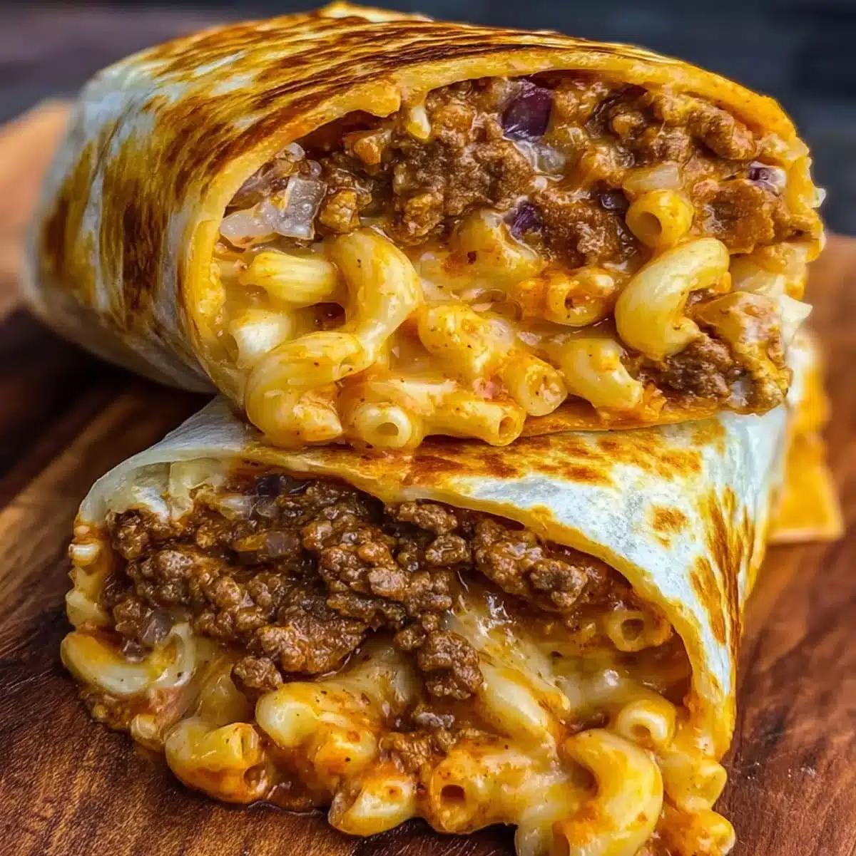 Grilled Sloppy Joe Mac and Cheese Burrito sliced open