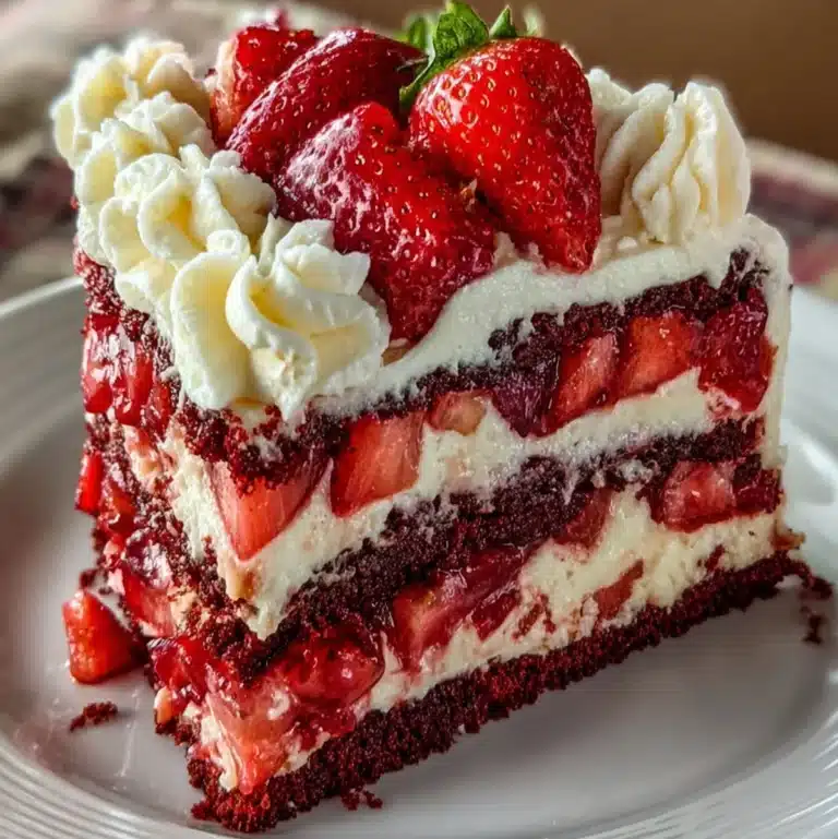 Slice of decadent strawberry velvet cake with cream cheese frosting and fresh strawberries