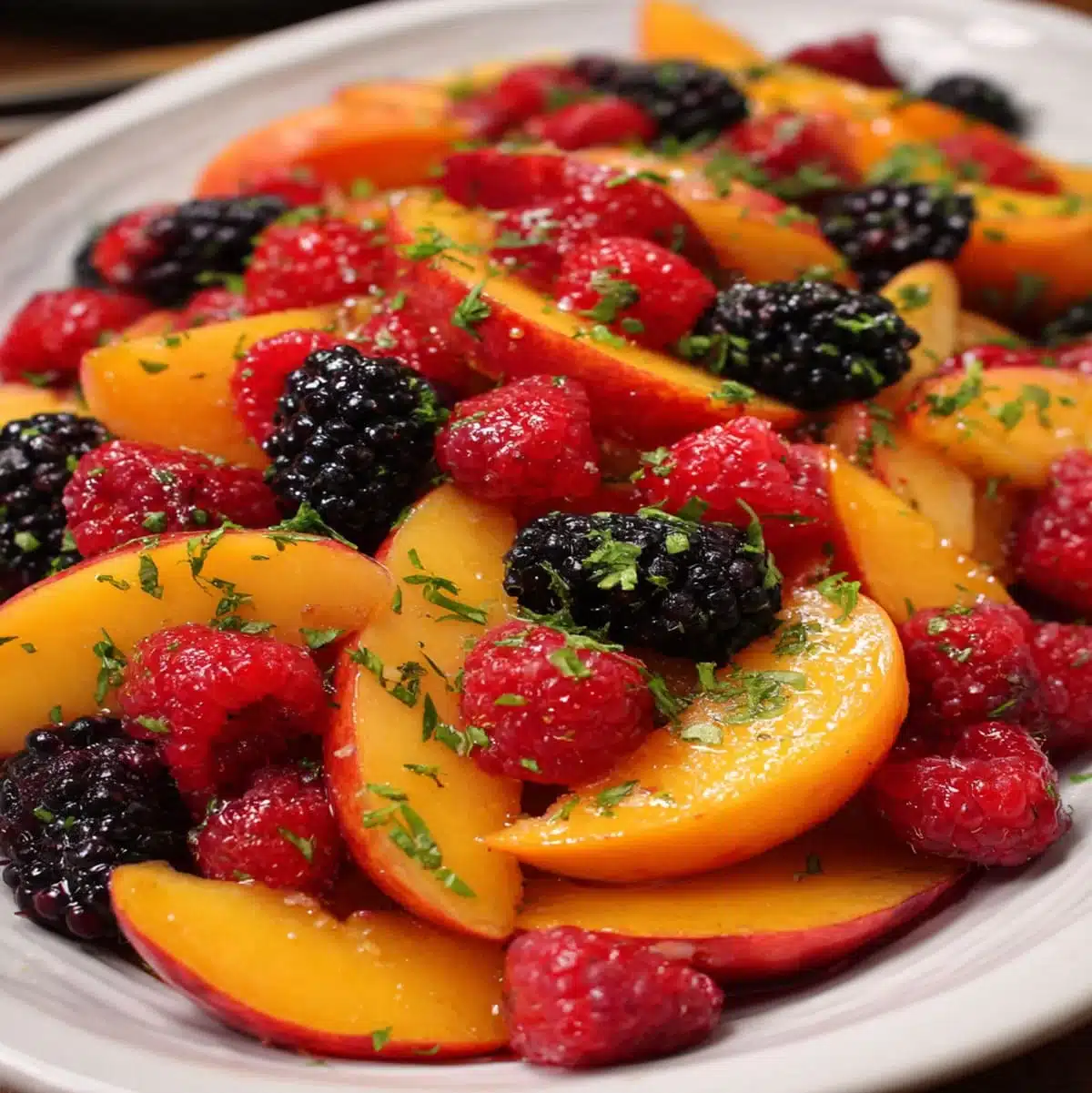 Healthy peach and berry salad with lemon and fresh herbs