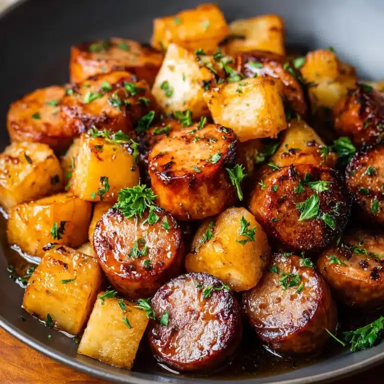 White sweet potato with honey garlic sausage in skillet
