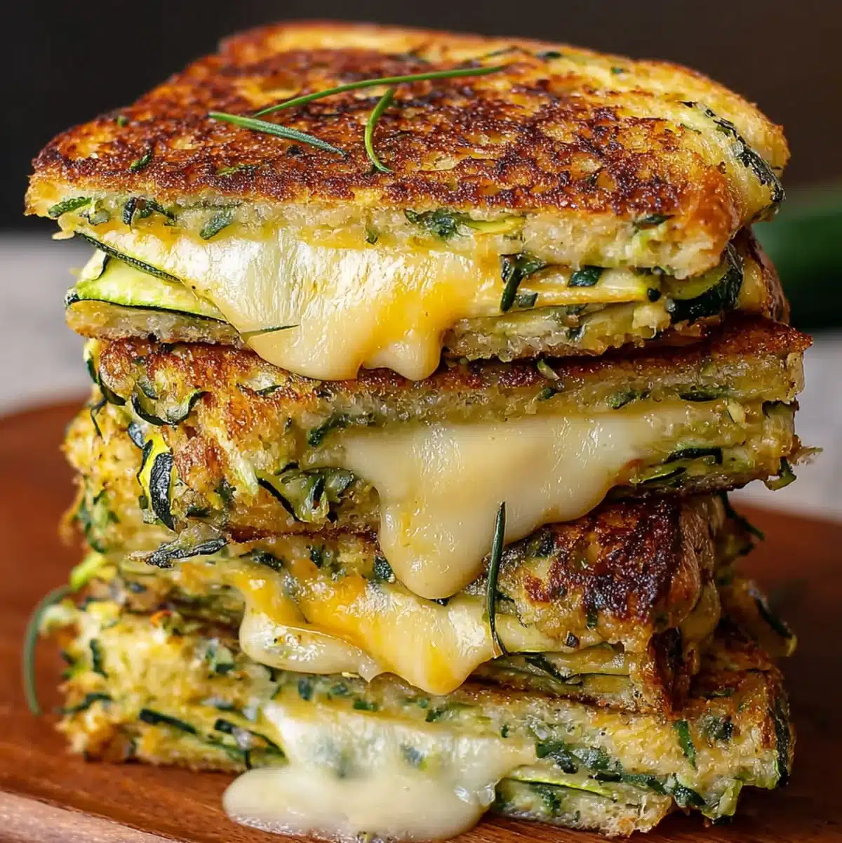 Golden crispy zucchini grilled cheese sandwich with melted cheese
