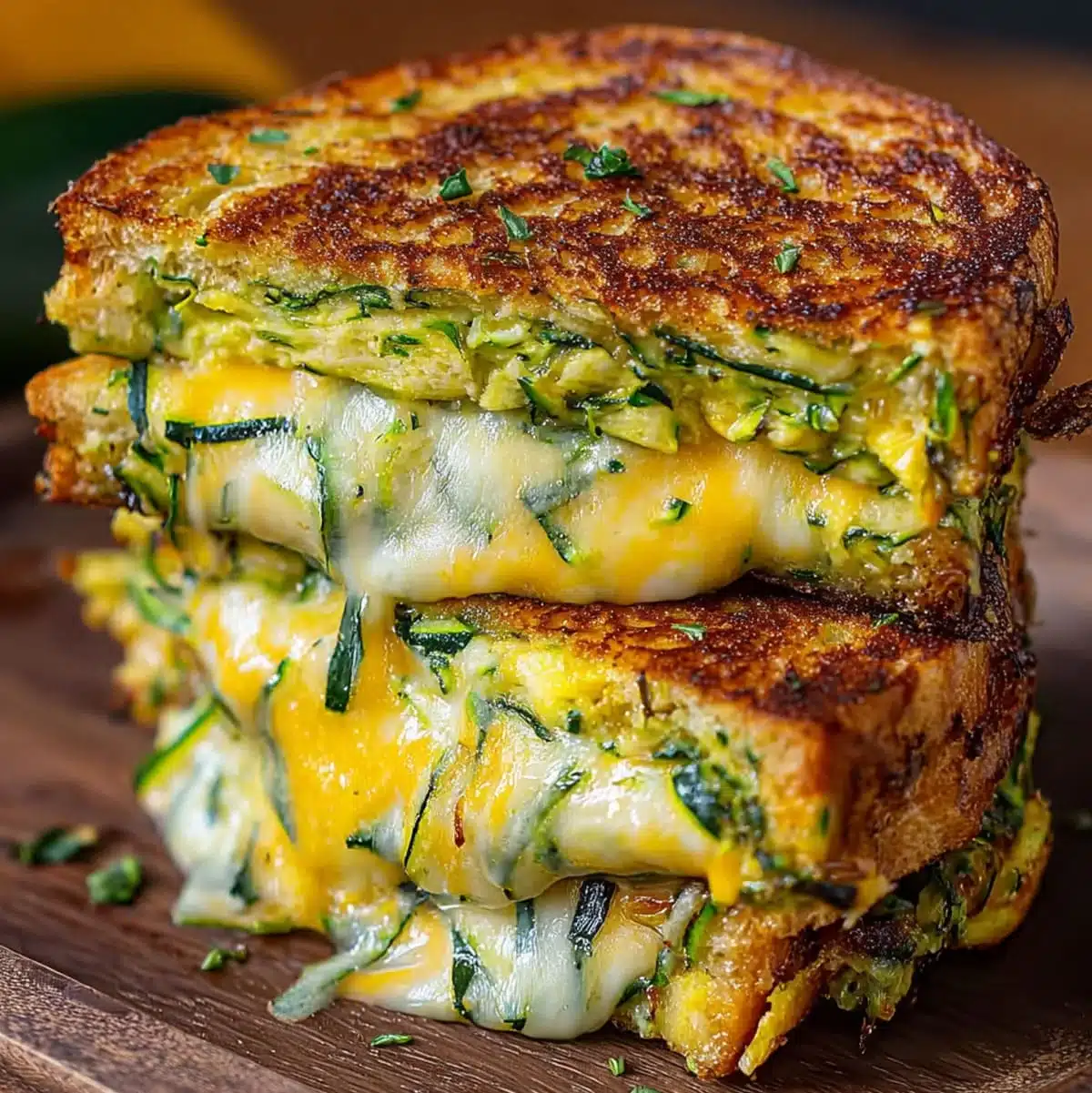 Stacked zucchini grilled cheese sandwiches with melted cheese oozing