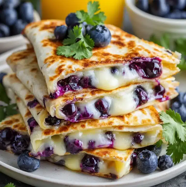 Cheesy blueberry breakfast quesadillas stacked on a plate.
