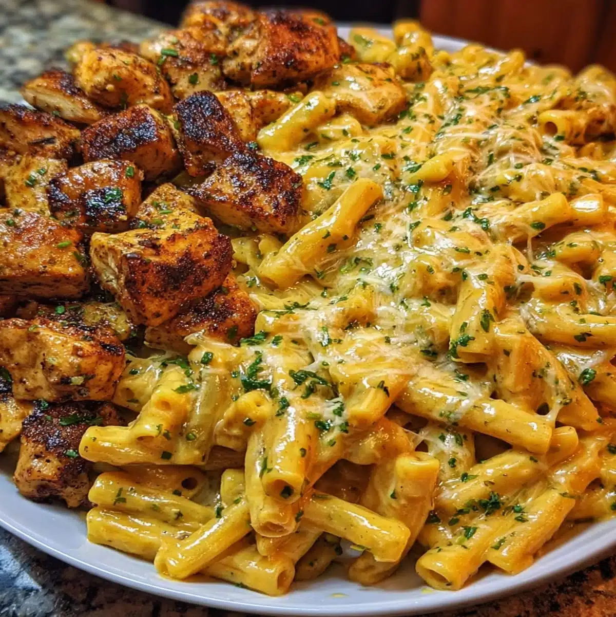 Spicy Cajun chicken pasta with creamy garlic cheese sauce and herbs