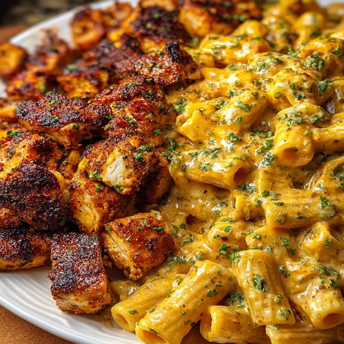 Creamy garlic Cajun chicken pasta with penne and pan-seared chicken