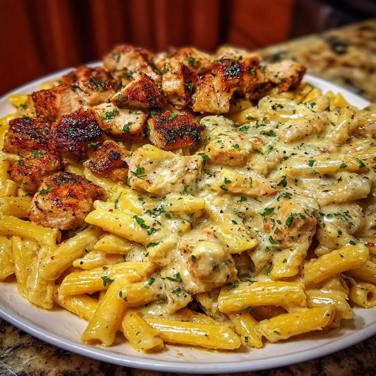 Cheesy garlic chicken pasta with Cajun seasoning and creamy Velveeta sauce