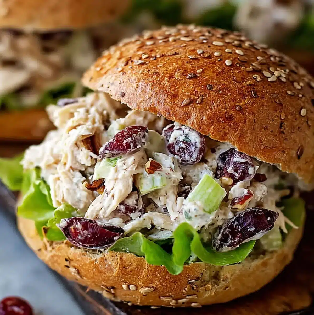 Creamy chicken salad with cranberries, pecans, and lettuce on a sandwich bun