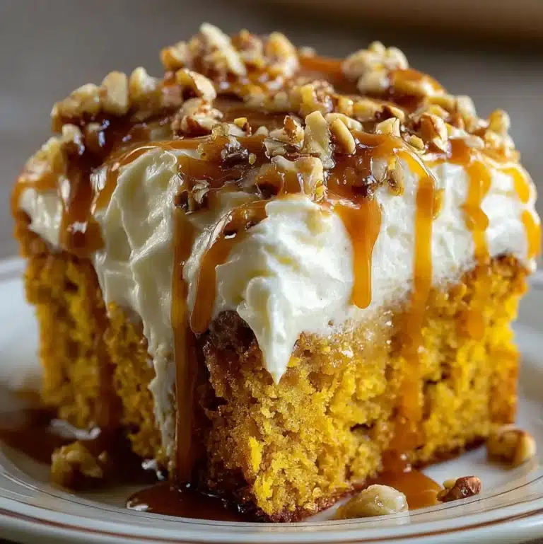 Pumpkin cake slice with cream cheese frosting and caramel sauce drizzle.