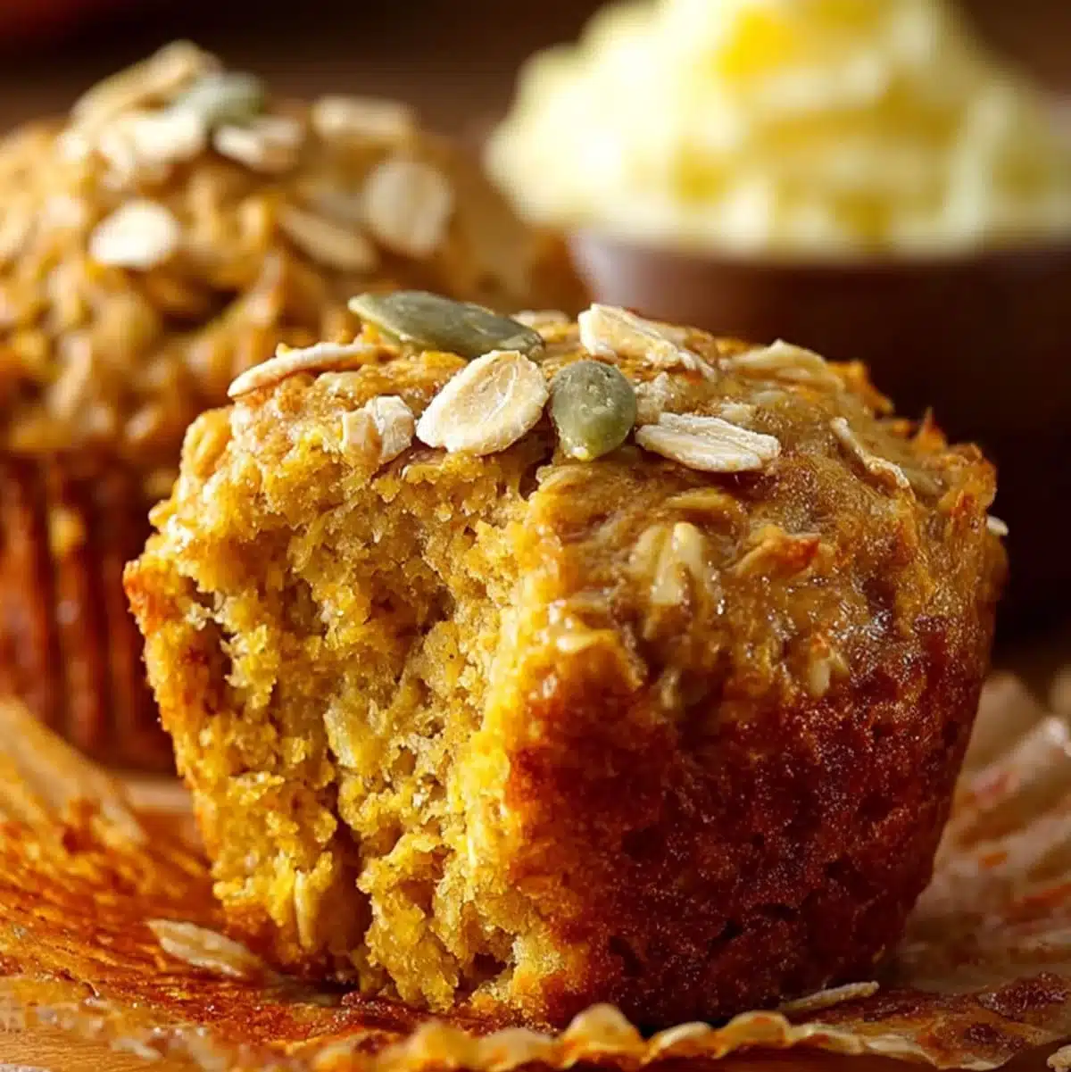 Moist Pumpkin oatmeal muffins with oat topping and light glaze