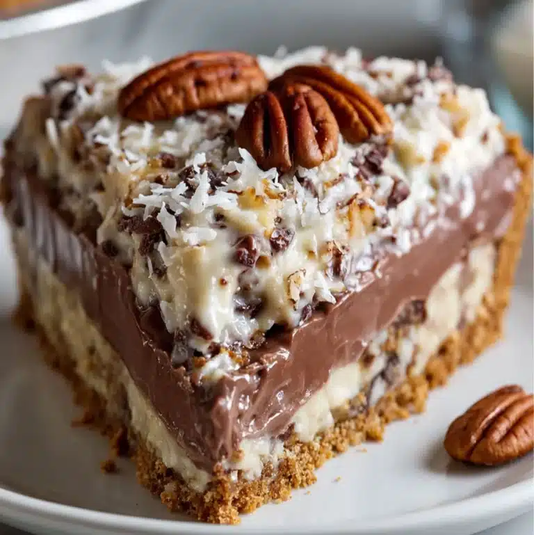 No-bake German Chocolate Pie on a graham cracker crust with whipped coconut topping.