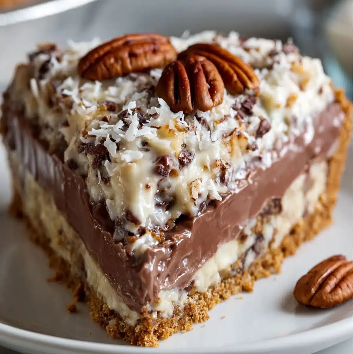 No-bake German Chocolate Pie on a graham cracker crust with whipped coconut topping.