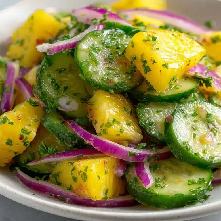 Refreshing pineapple cucumber salad with red onions and fresh herbs in a lime dressing