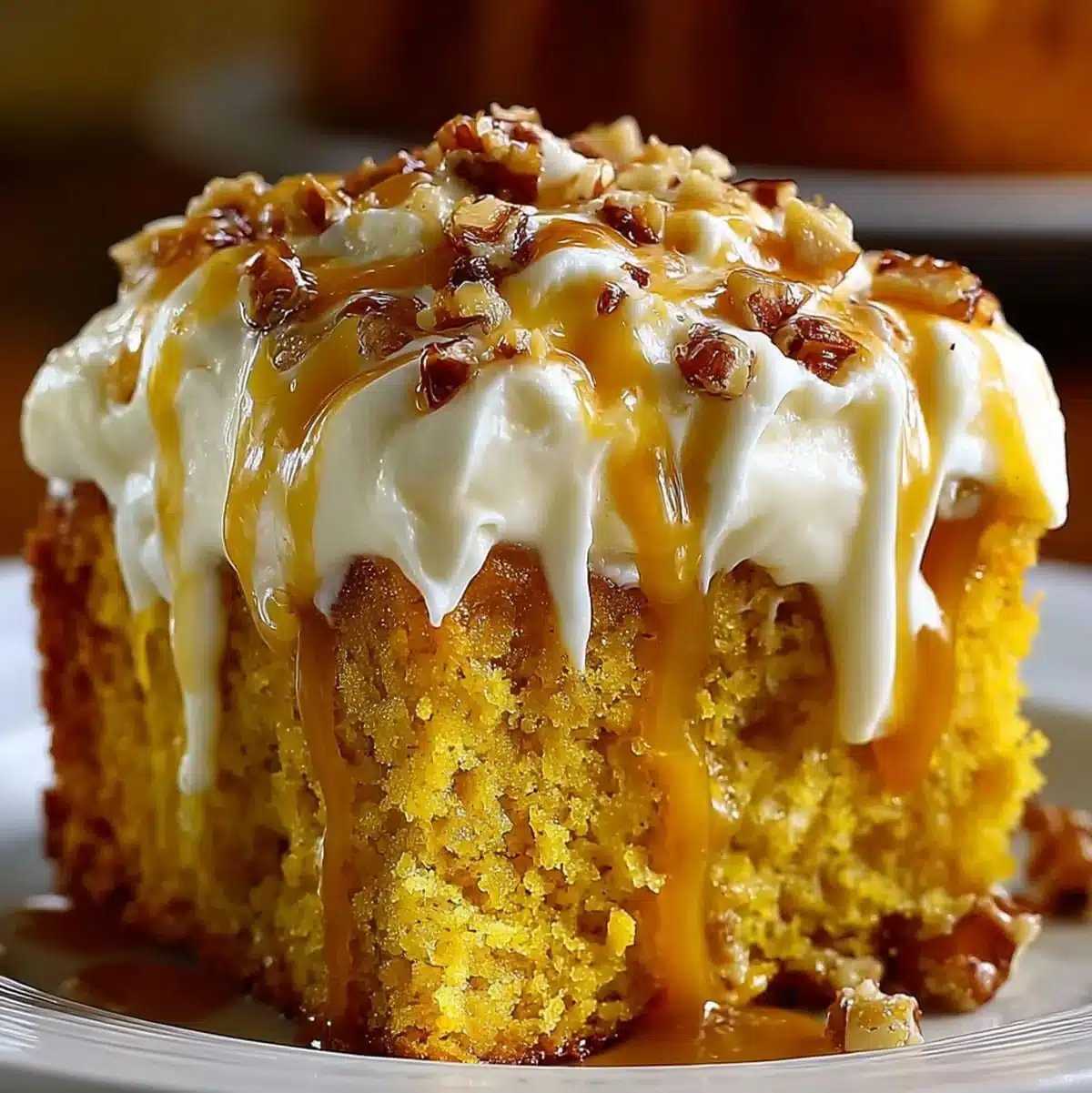 Moist pumpkin spice cake topped with cream cheese frosting, caramel drizzle, and chopped walnuts.