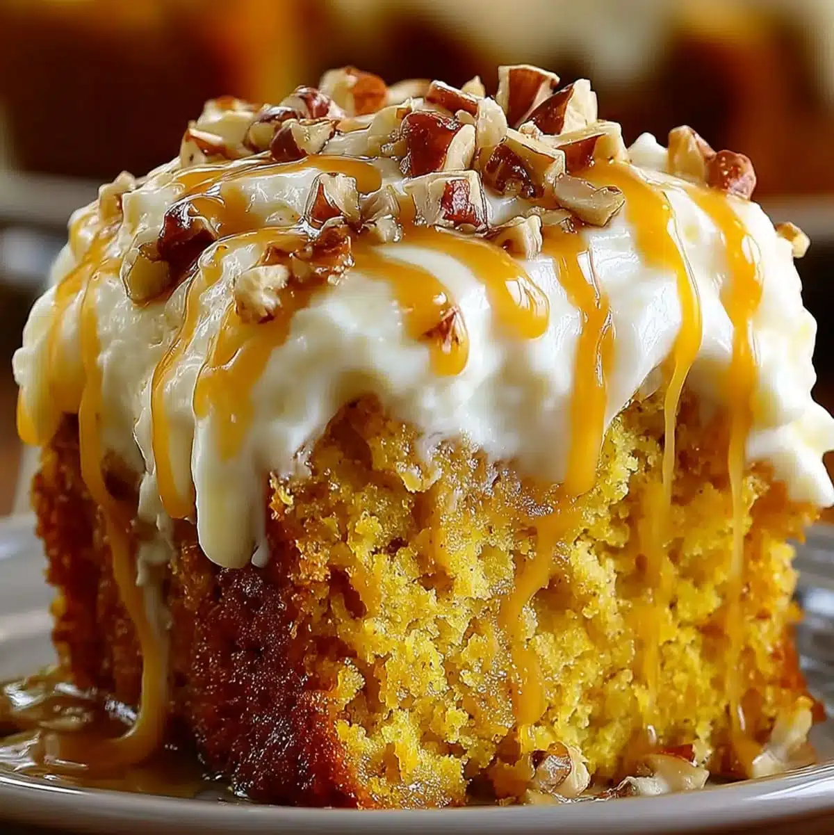 Slice of homemade pumpkin spice cake with cream cheese frosting and pecans.