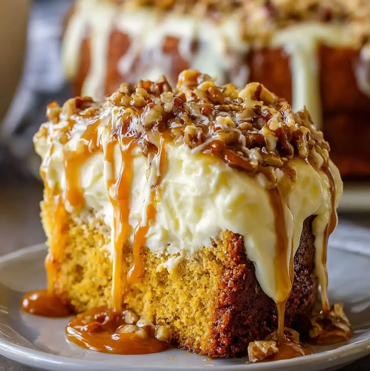 Close-up of pumpkin spice cake square with frosting, caramel, and nuts.