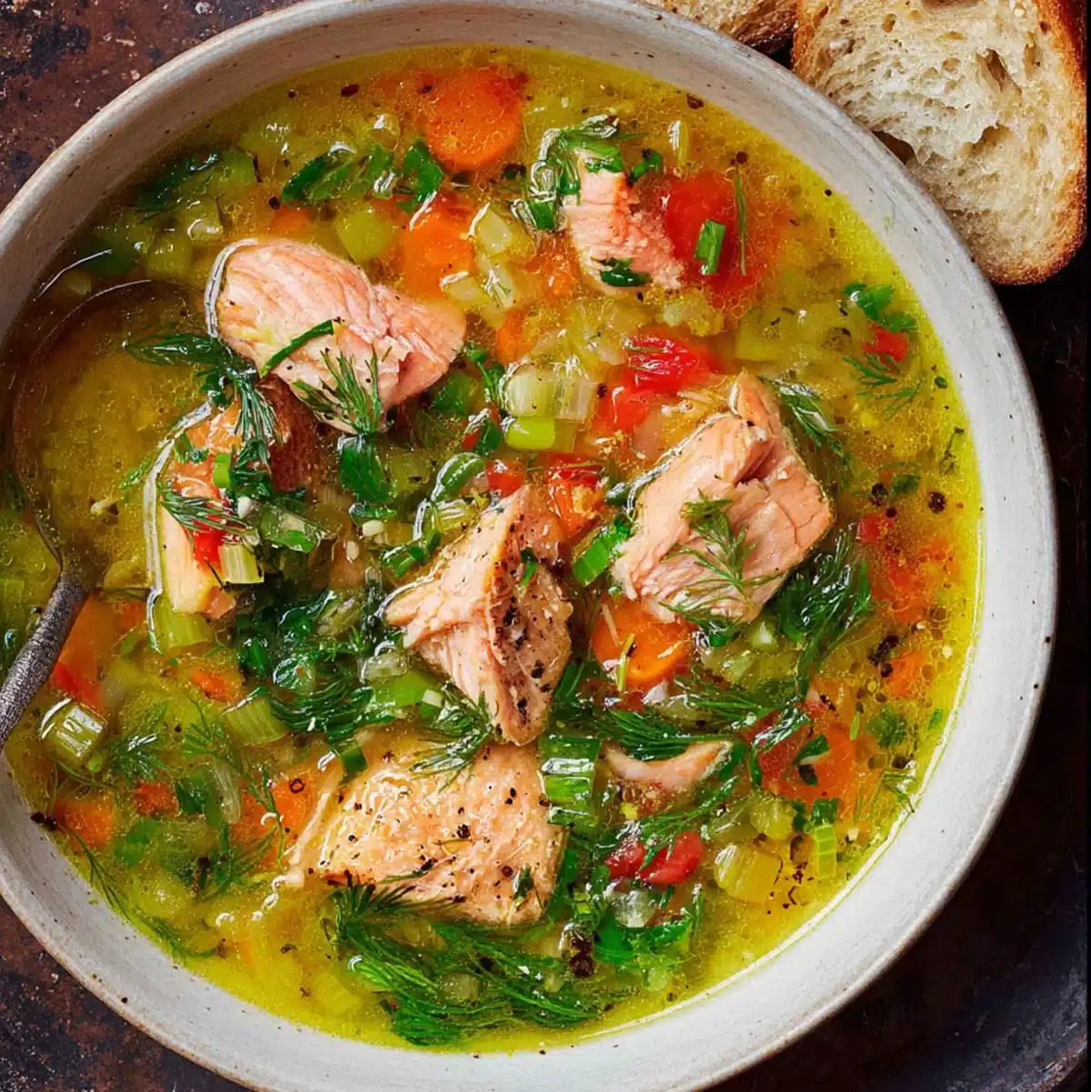 Scandinavian-style salmon soup with fresh vegetables and dill