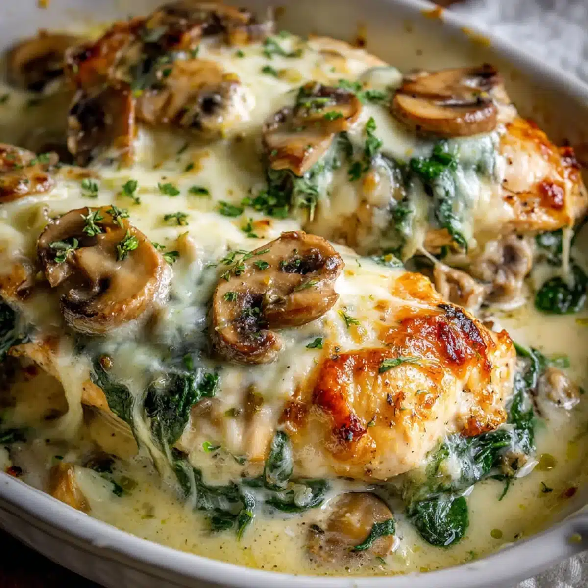 low carb casserole with chicken, spinach, and mushrooms