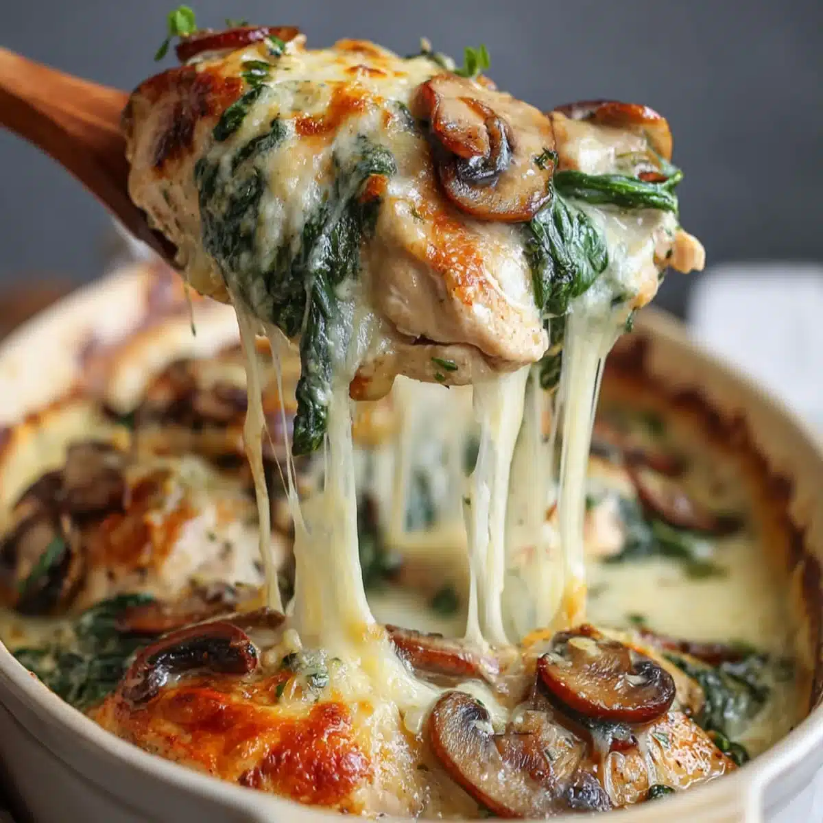 Spoon lifting cheesy bite of low carb chicken spinach mushroom casserole