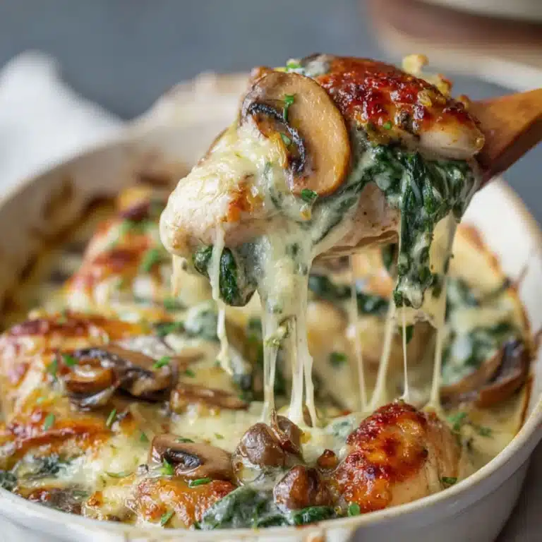 Chicken spinach and mushroom low carb casserole baked with cheese