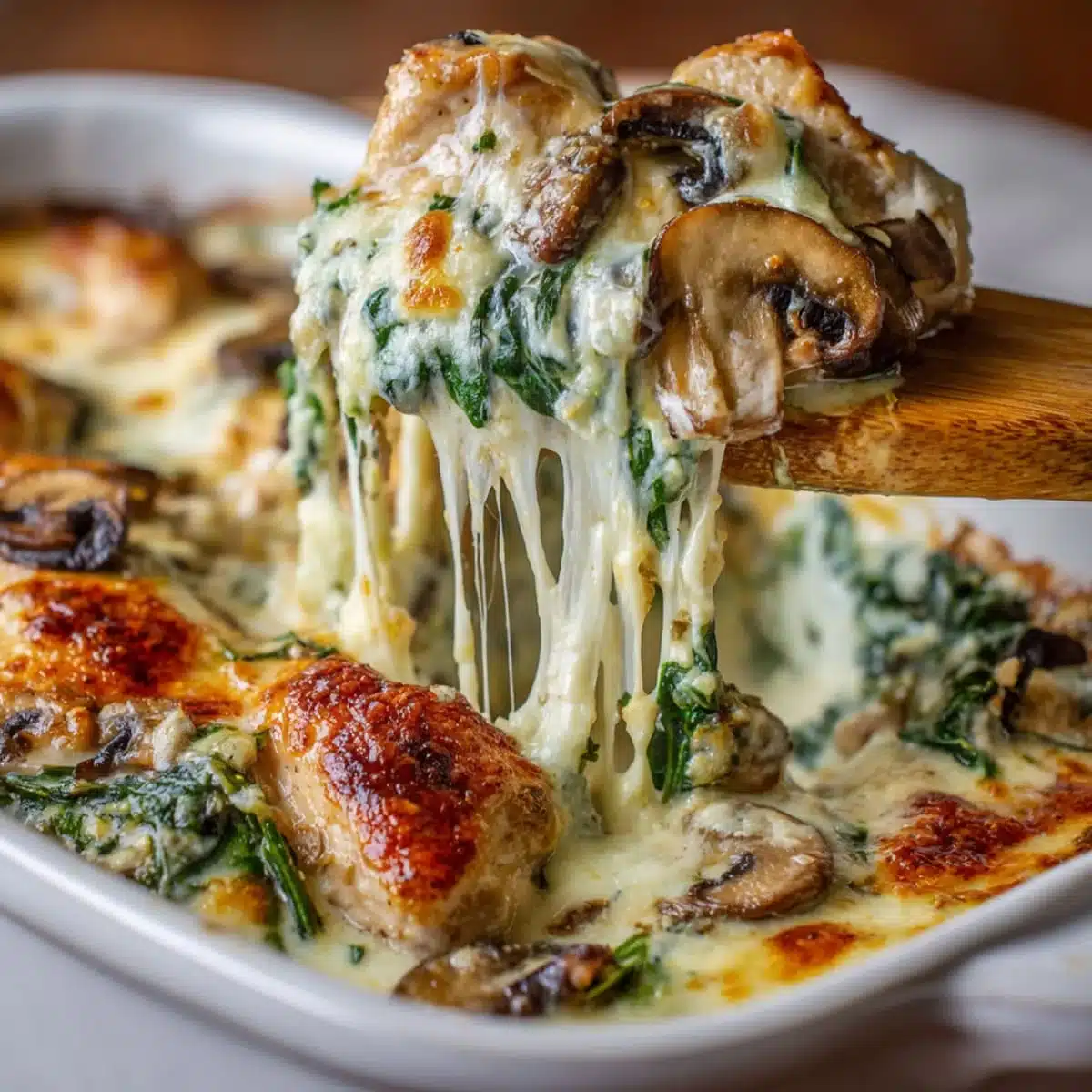 Spoonful of cheesy chicken spinach mushroom low carb casserole