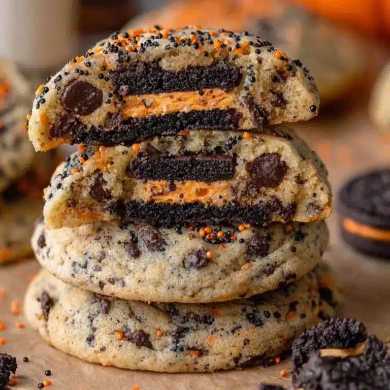 Stack of Halloween cookies stuffed with Oreos and topped with chocolate chips and sprinkles.