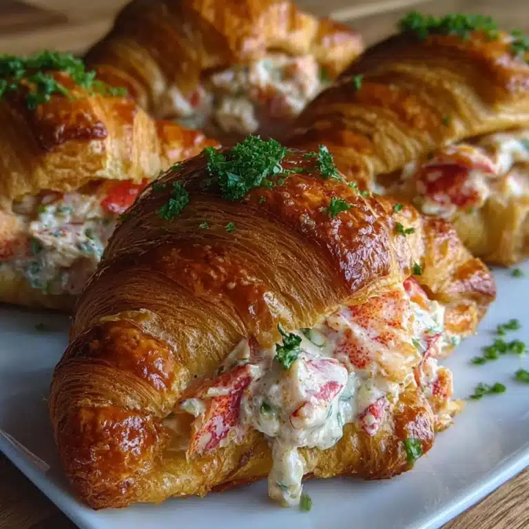 Buttery lobster croissant rolls served on a white platter with lemon wedges and chives