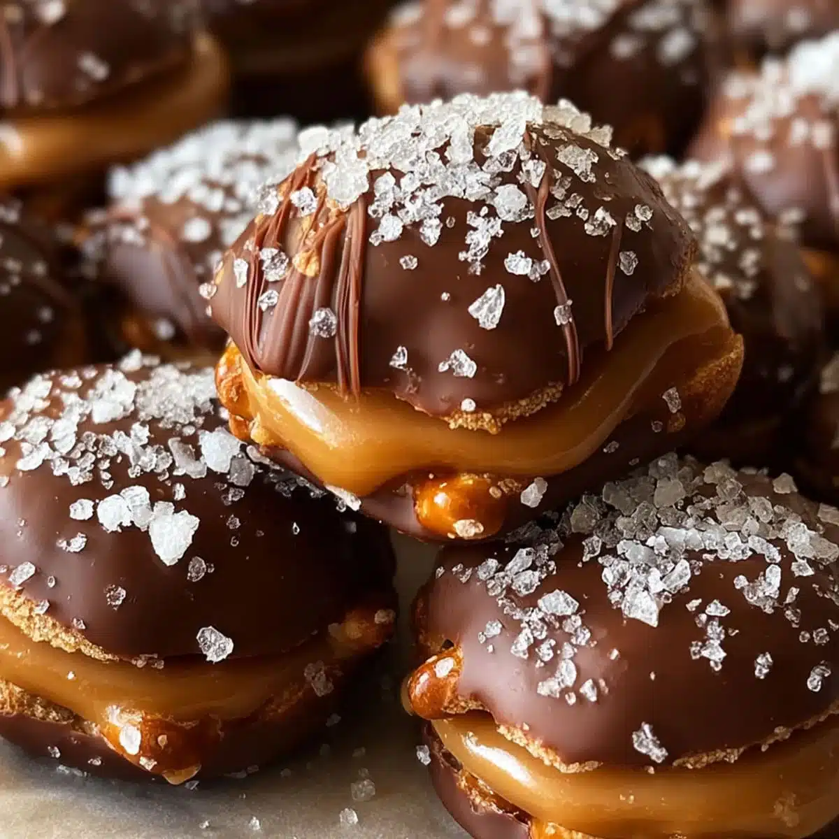 No Bake Salted Caramel Pretzel Bites | Party Snack Recipe 4 Stacked no bake salted caramel pretzel bites layered with caramel and dark chocolate on a white plate