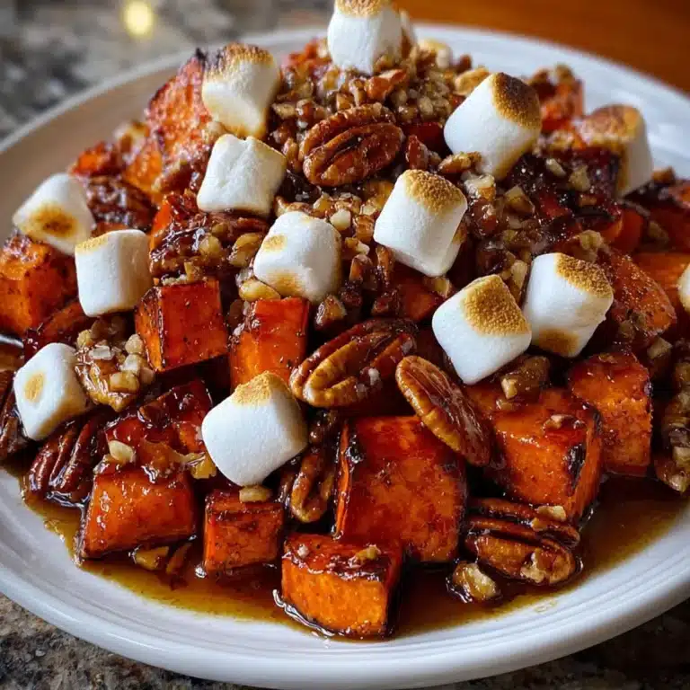 Sweet potato bites served on a festive holiday platter with marshmallows and pecans