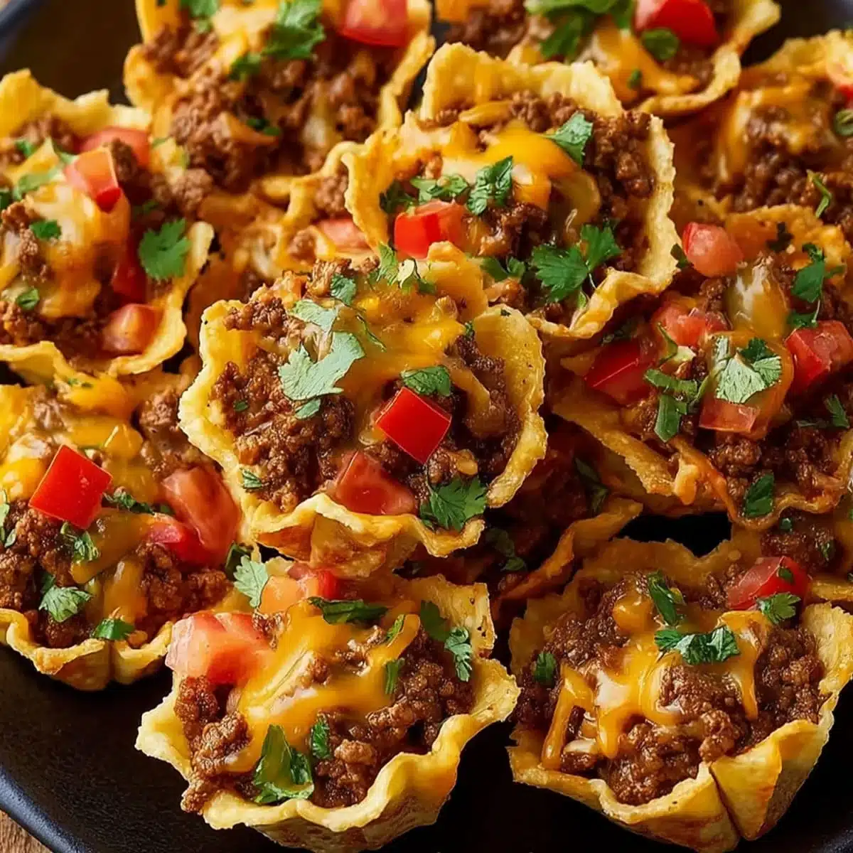 Game day taco ranch bites in phyllo cups topped with cheese and diced tomato