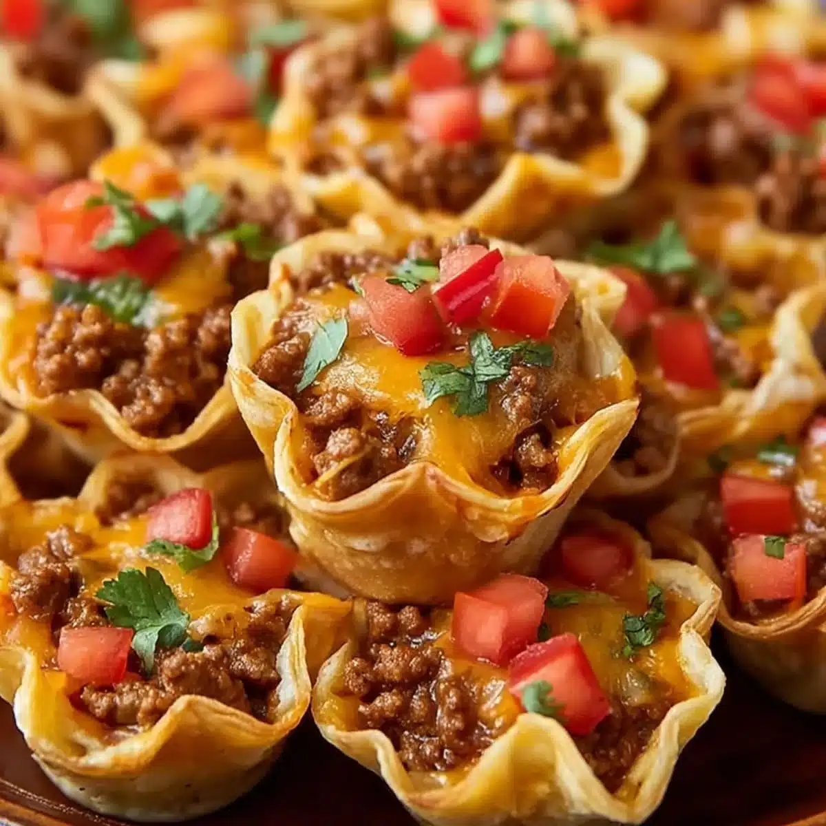 Cheesy mini taco cups with ground beef and chopped tomatoes