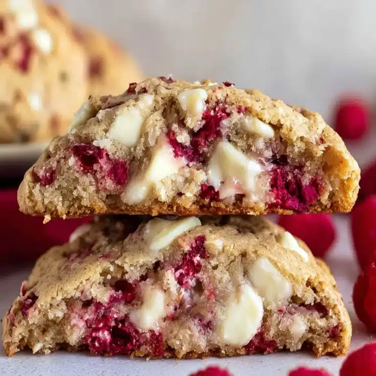 Freshly baked white chocolate raspberry cookies stacked