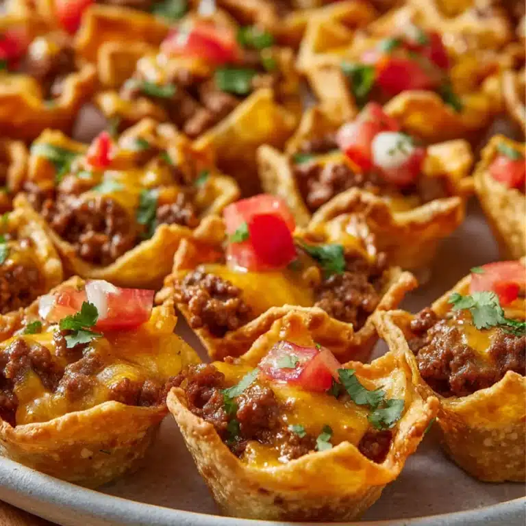 Taco Ranch Bites filled with seasoned beef, cheddar, and tomatoes in crispy phyllo shells