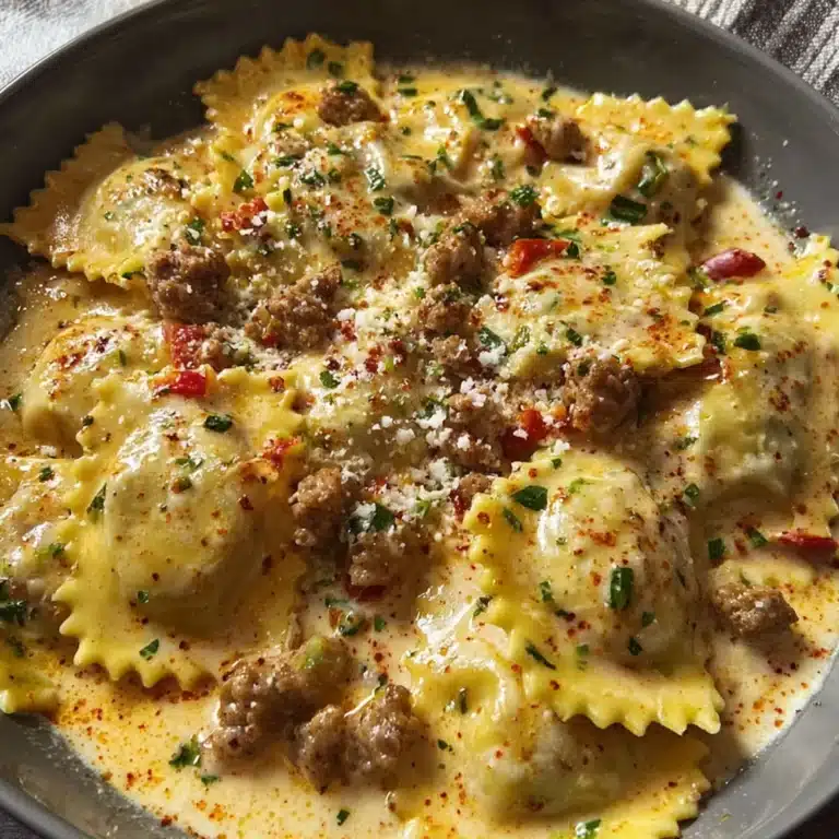 Cajun sausage ravioli in creamy Parmesan Cajun sauce with herbs