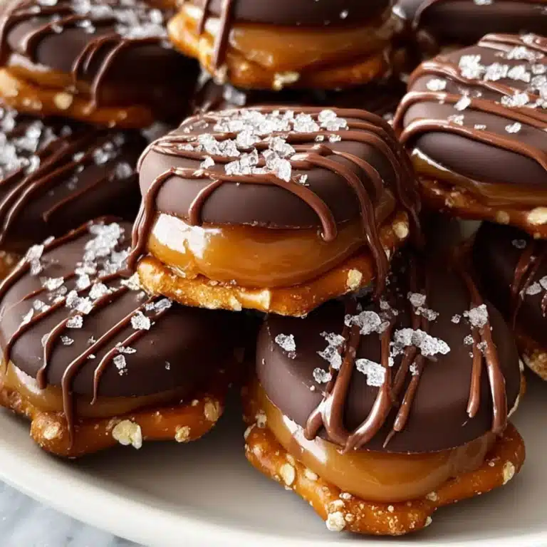 Holiday-ready no bake salted caramel pretzel bites with chocolate drizzle and sea salt on a platter.