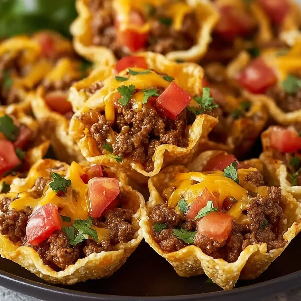 Tex-Mex taco bites served in crispy tortilla cups with beef, cheese, and cilantro