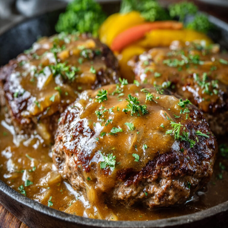 Juicy Amish Hamburger Steak Bake topped with melted cheese and parsley served with vegetables.