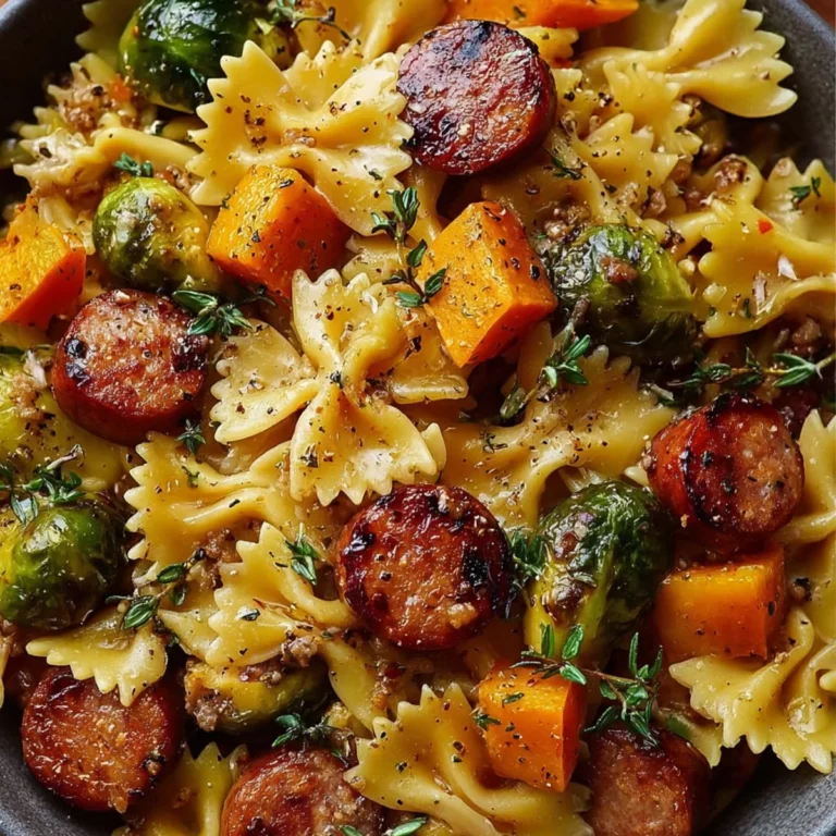 Autumn Sausage Pasta Squash with roasted butternut squash, Brussels sprouts, and smoked sausage in a garlic butter sauce