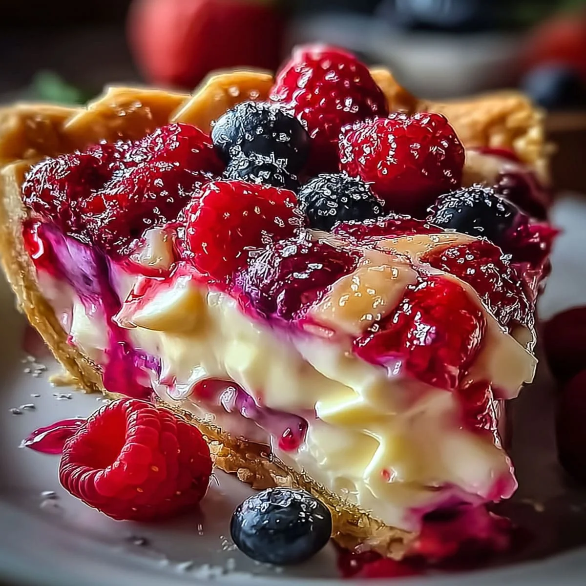 Velvety vanilla berry cheesecake topped with fresh strawberries, blueberries, and raspberries on a graham-cracker crust.
