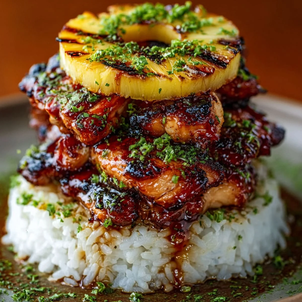 Best Hawaiian Huli Huli Chicken Stack 5 Plated Hawaiian Huli Huli Chicken Stack served with caramelized pineapple rings, sesame seeds, and cilantro garnish.
