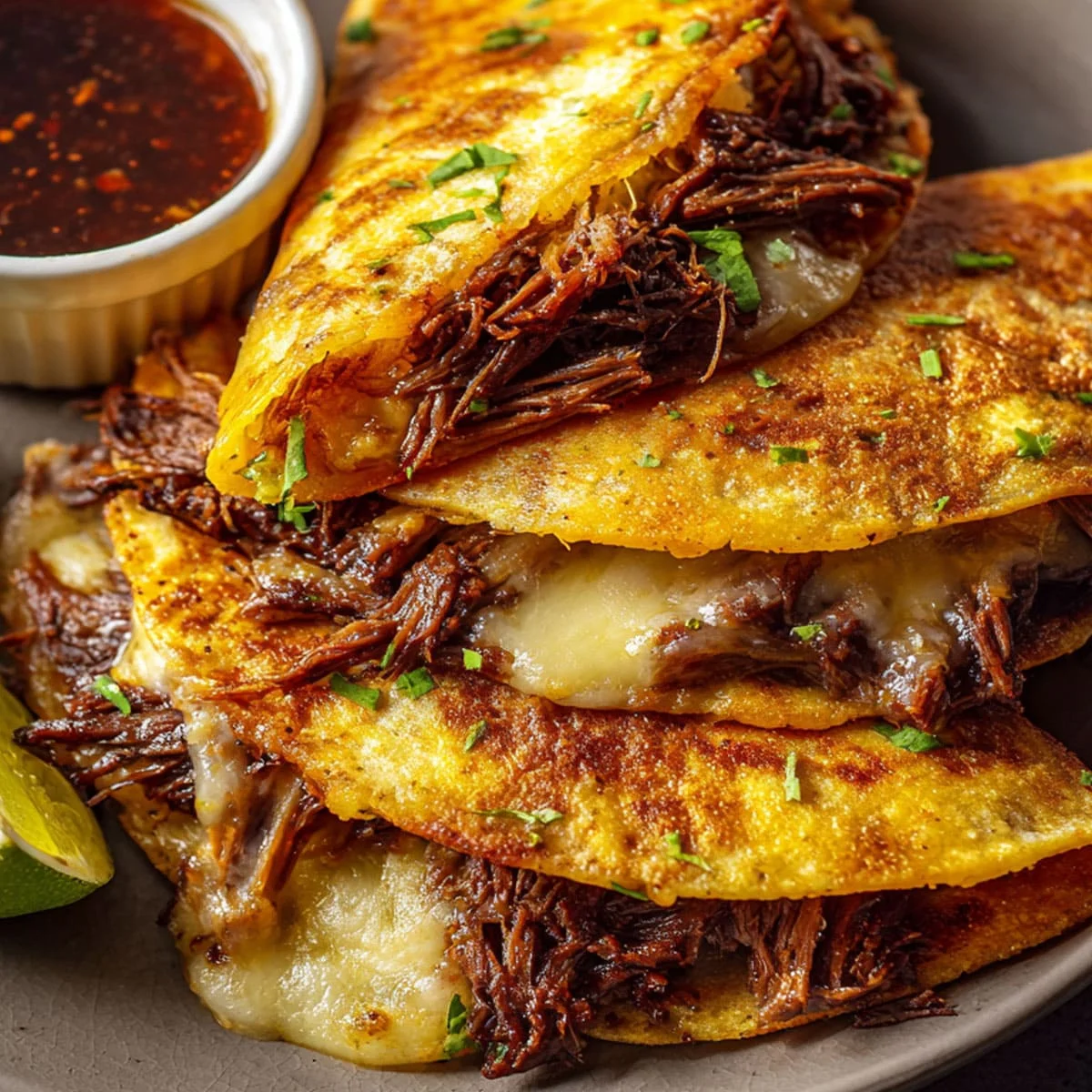Birria tacos filled with slow-cooked beef, melted cheese, and crispy tortillas