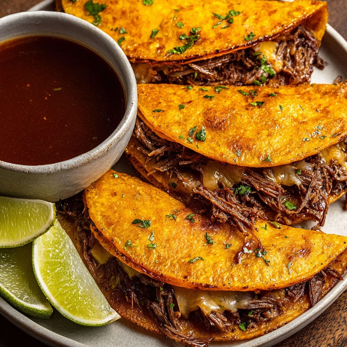 Birria Tacos – Slow Cooker Cheesy Beef Recipe 5 Birria taco being dipped into spicy chipotle broth consomé