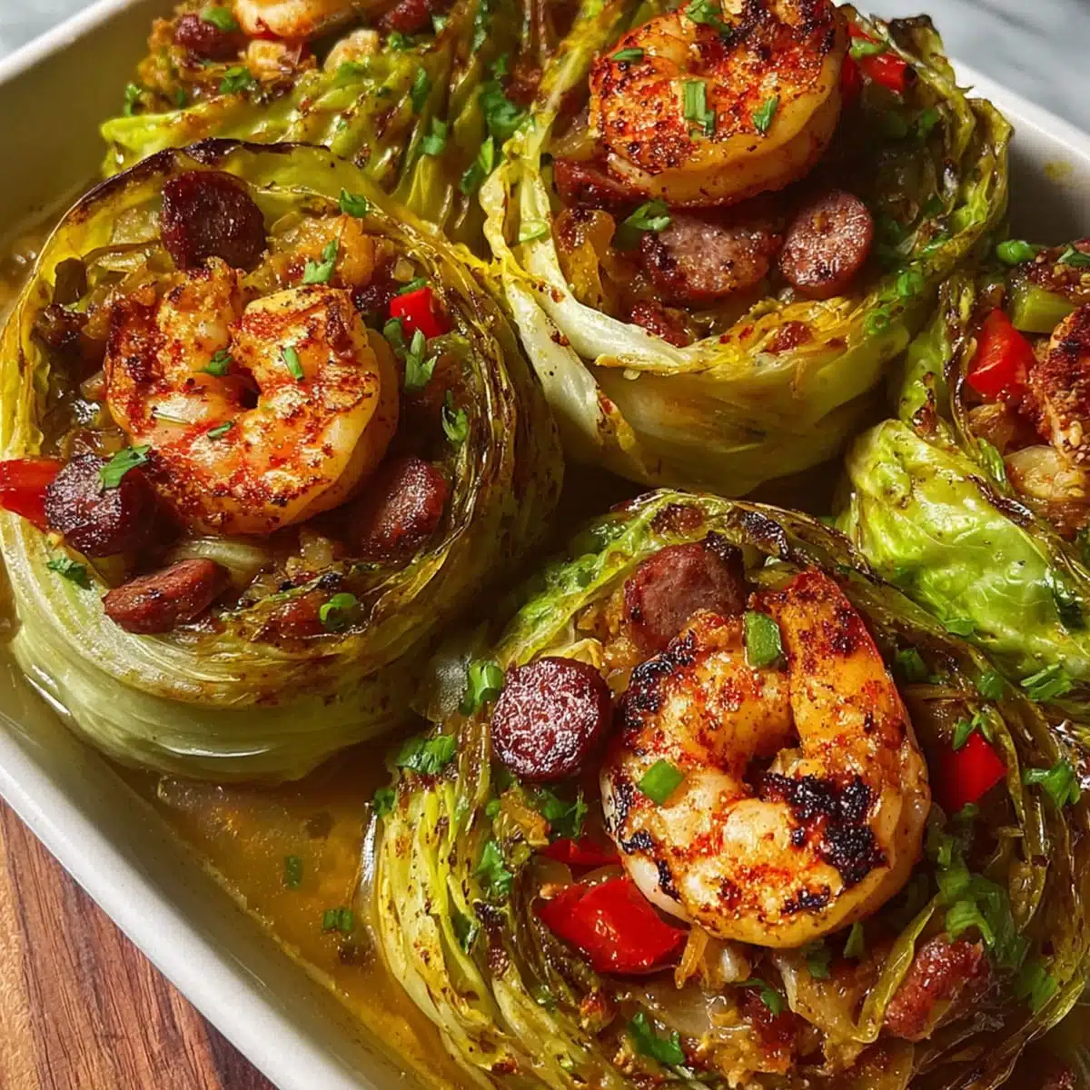 Meal-prepped keto Cajun shrimp and sausage stuffed cabbage arranged in a baking tray