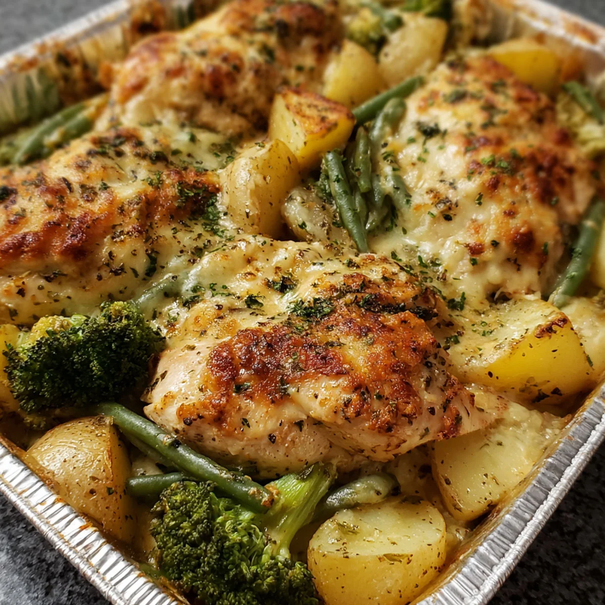 Healthy Cheesy Garlic Herb Chicken Bake with vegetables and light mozzarella topping