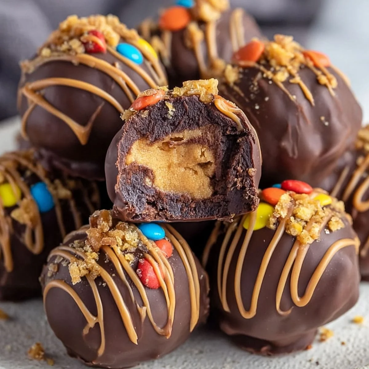 Stack of homemade chocolate peanut butter truffles with colorful decorations
