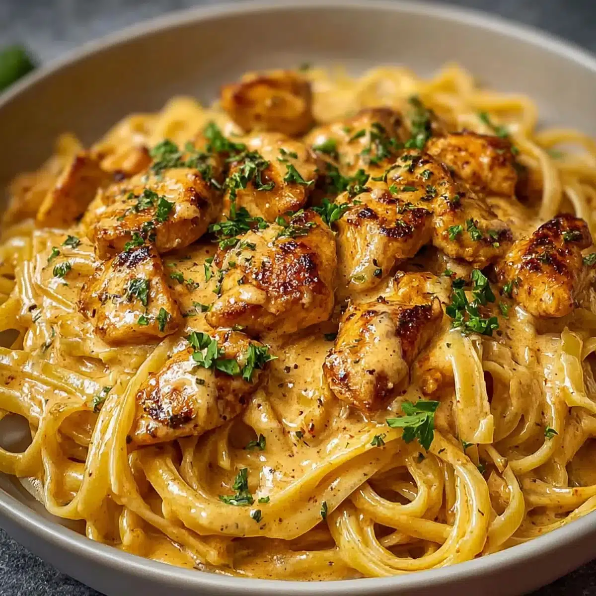 Close-up of Cowboy Butter Chicken Linguine with creamy garlic butter sauce
